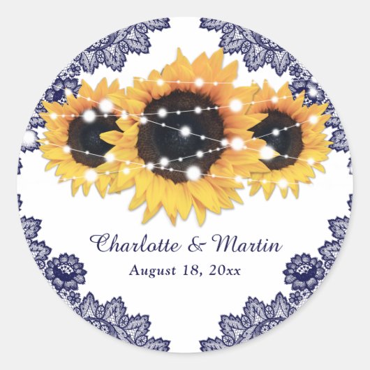 Elegant Navy Blue Rustic Chic Sunflower Wedding Ronde Sticker (Voorkant)