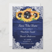 Elegant Navy Blue Rustic Wood Lace Sunflower Save The Date (Voorkant)