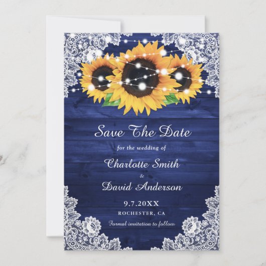 Elegant Navy Blue Rustic Wood Lace Sunflower Save The Date (Voorkant)