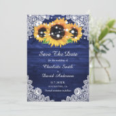 Elegant Navy Blue Rustic Wood Lace Sunflower Save The Date (Staand voorkant)