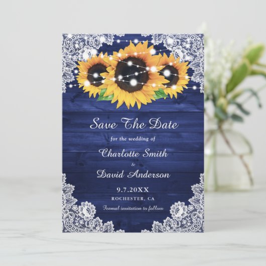 Elegant Navy Blue Rustic Wood Lace Sunflower Save The Date (Staand voorkant)