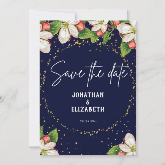 Elegant navy blue save the date floral glitter (Voorkant)