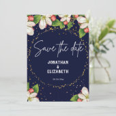 Elegant navy blue save the date floral glitter (Staand voorkant)