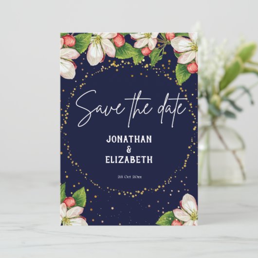 Elegant navy blue save the date floral glitter (Staand voorkant)