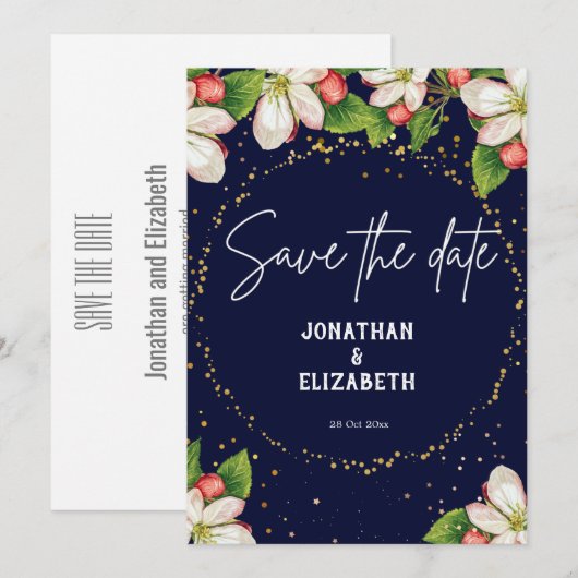 Elegant navy blue save the date floral glitter (Voorkant / Achterkant)