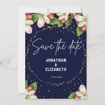Elegant navy blue save the date floral glitter