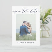 Elegant Navy Blue Save the Date Photo Afbeelding Kaart (Staand voorkant)