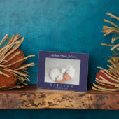 Elegant Navy Blue Script Baptism Foto Fotoplaat (Zijkant)