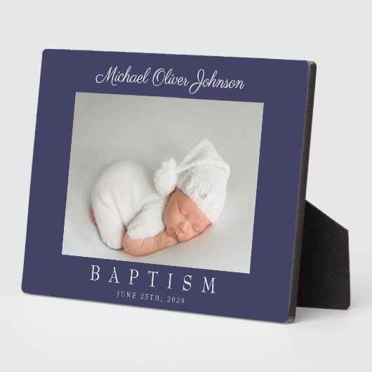 Elegant Navy Blue Script Baptism Foto Fotoplaat (Zijkant)