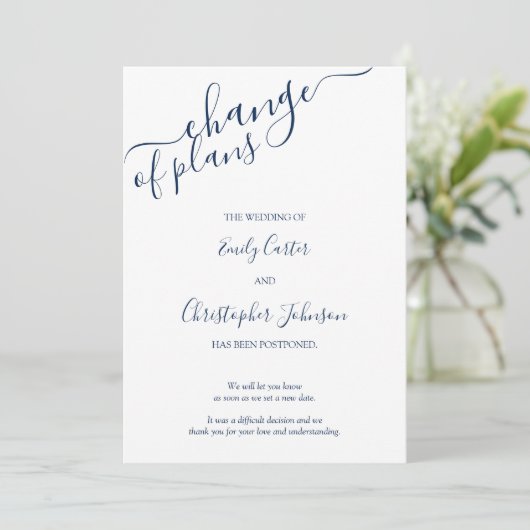 Elegant Navy Blue Script Change of Plans Kaart (Staand voorkant)