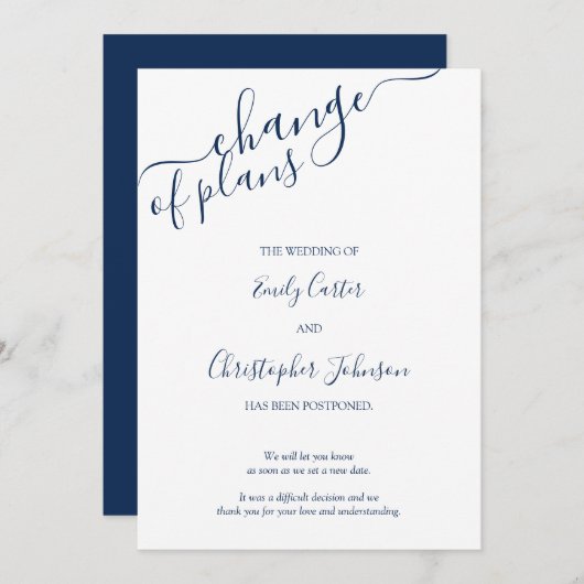 Elegant Navy Blue Script Change of Plans Kaart (Voorkant / Achterkant)