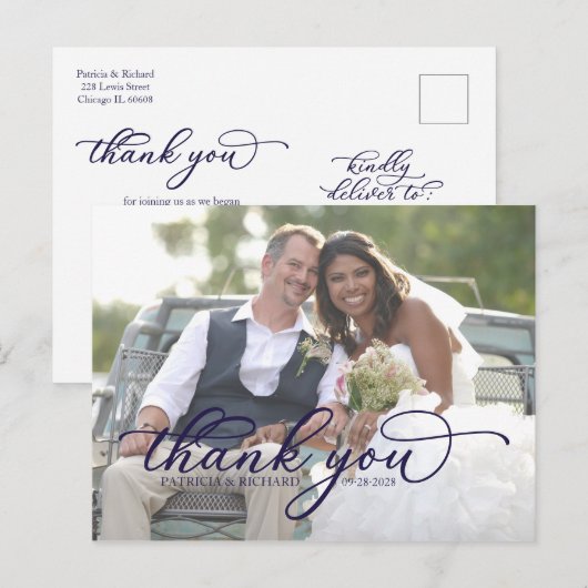 Elegant Navy Blue Script Foto bedankt Briefkaart (Voorkant / Achterkant)