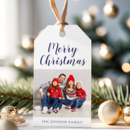 Elegant Navy Blue Script-kerstfoto Cadeaulabel