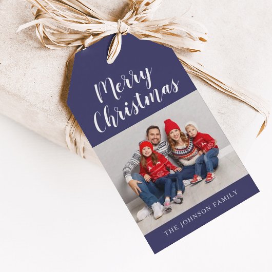 Elegant Navy Blue Script-kerstfoto Cadeaulabel