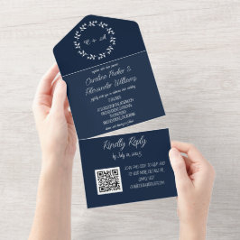 Elegant Navy Blue Script Modern RSVP QR Code All I In One Uitnodiging