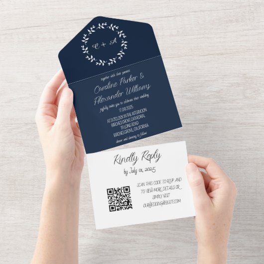 Elegant Navy Blue Script Modern RSVP QR Code All In One Uitnodiging (Afscheurbaar)