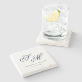 Elegant Navy Blue Script Monogram Weddenschap Stenen Onderzetter (Zijkant)