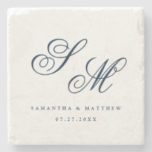 Elegant Navy Blue Script Monogram Weddenschap