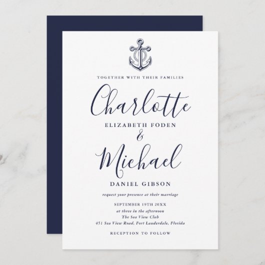 Elegant Navy Blue Script Nautical Anchor Wedding Kaart (Voorkant / Achterkant)