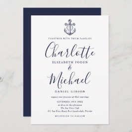 Elegant Navy Blue Script Nautical Anchor Wedding Kaart