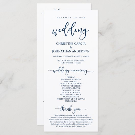Elegant Navy Blue Script, onze huwelijksceremonie Programmakaart (Voorkant / Achterkant)