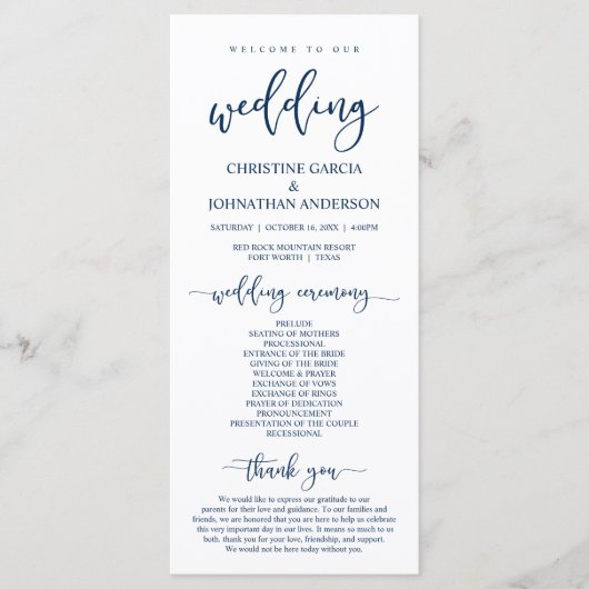 Elegant Navy Blue Script, onze huwelijksceremonie Programmakaart (Voorkant)