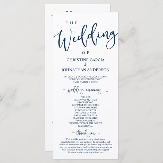 Elegant Navy Blue Script, onze huwelijksceremonie Programmakaart (Voorkant / Achterkant)