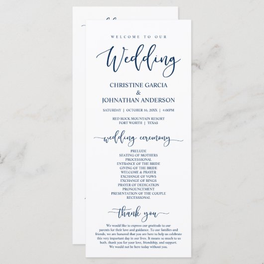 Elegant Navy Blue Script, onze huwelijksceremonie Programmakaart (Voorkant / Achterkant)
