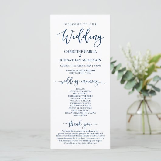 Elegant Navy Blue Script, onze huwelijksceremonie Programmakaart (Staand voorkant)
