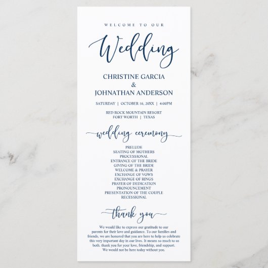 Elegant Navy Blue Script, onze huwelijksceremonie Programmakaart (Voorkant)
