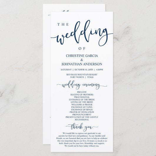 Elegant Navy Blue Script, onze huwelijksceremonie Programmakaart (Voorkant / Achterkant)