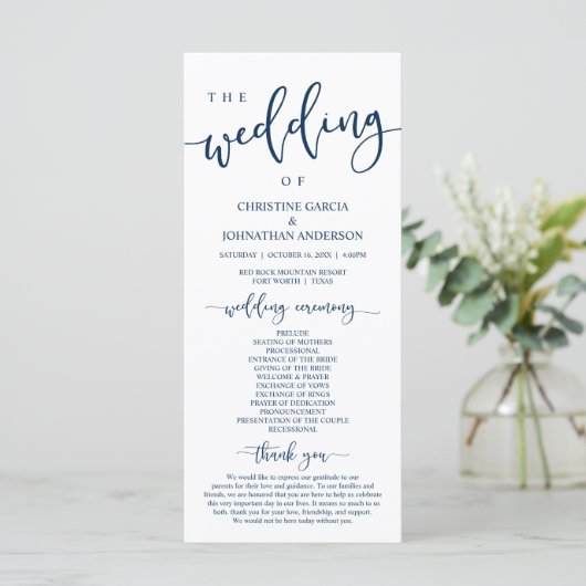 Elegant Navy Blue Script, onze huwelijksceremonie Programmakaart (Staand voorkant)