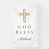 Elegant Navy Blue Script Religious Boy God Bless Spandoek (Verticaal)