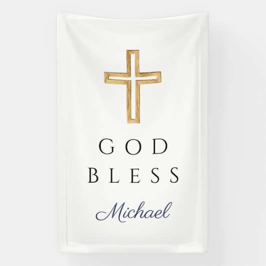 Elegant Navy Blue Script Religious Boy God Bless Spandoek (Verticaal)