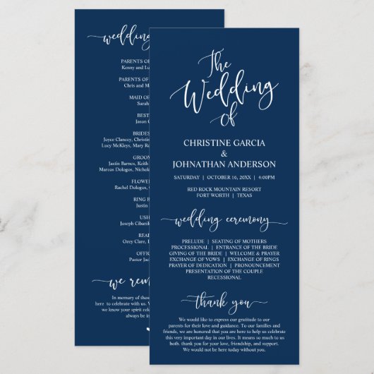 Elegant Navy Blue script, Wedding Ceremony Programmakaart (Voorkant / Achterkant)