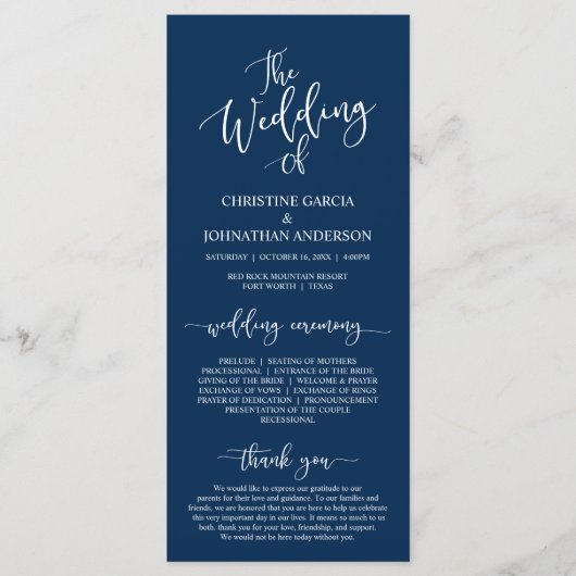 Elegant Navy Blue script, Wedding Ceremony Programmakaart (Voorkant)
