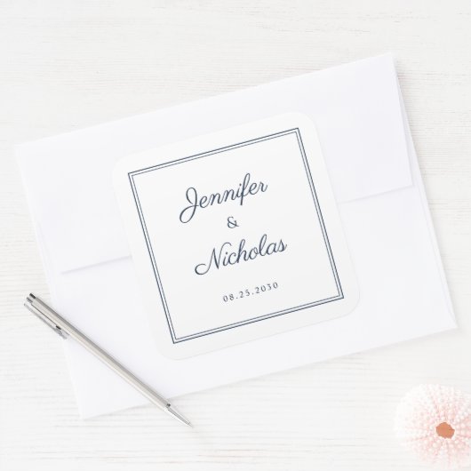 Elegant Navy Blue Script Wedding Vierkante Sticker (Envelop)