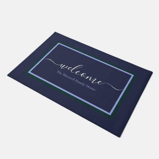 Elegant navy blue scriptnaam deurmat (Schuin)