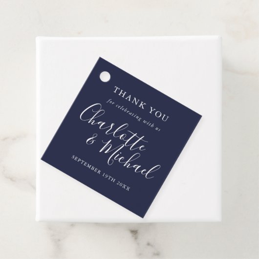 Elegant Navy Blue Signature Script Dank u Bedankjes Labels (In situ)
