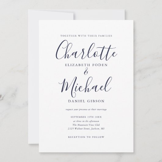 Elegant Navy Blue Signature Script Weddenschap Kaart (Voorkant)