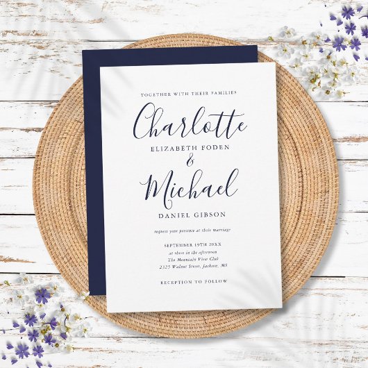 Elegant Navy Blue Signature Script Weddenschap Kaart