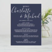 Elegant Navy Blue Signature Script Wedding Menu (Staand voorkant)