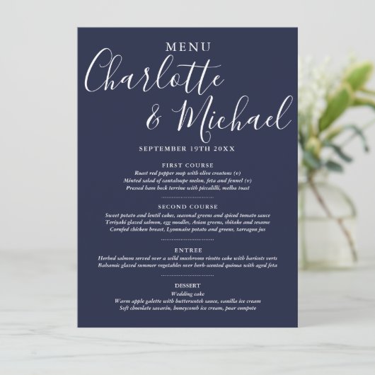 Elegant Navy Blue Signature Script Wedding Menu (Staand voorkant)
