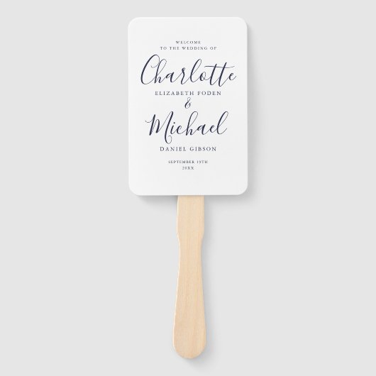 Elegant Navy Blue Signature Script Wedding Program Handwaaier (Voorkant)