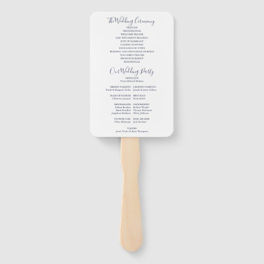 Elegant Navy Blue Signature Script Wedding Program Handwaaier (Achterkant)