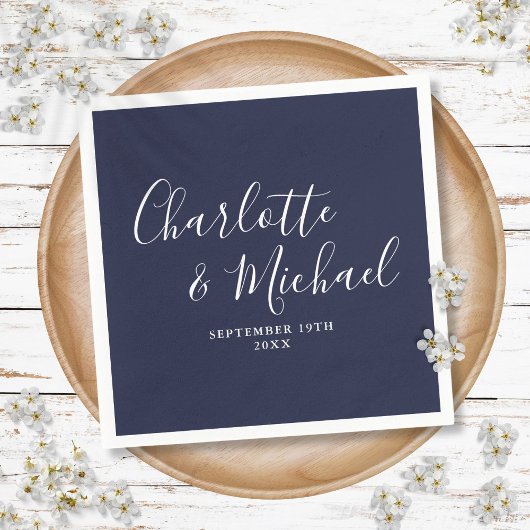 Elegant Navy Blue Signature Wedding Napkins Servet