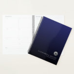 Elegant Navy Blue Silver Appointing Book Planner<br><div class="desc">Elegant Luxury Borhed Metallic Silver Monogram Medallion Name Titel Aangepaste tekst Navy Blue Gradient Background Appointer Book Planner</div>