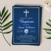 Elegant Navy Blue Silver Boy Baptism Invitation Kaart