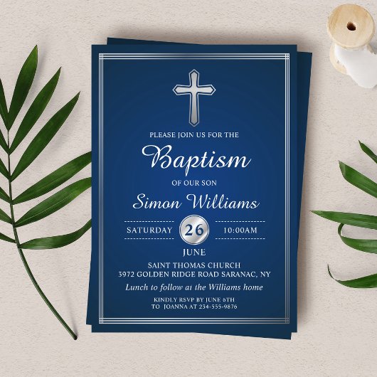 Elegant Navy Blue Silver Boy Baptism Invitation Kaart