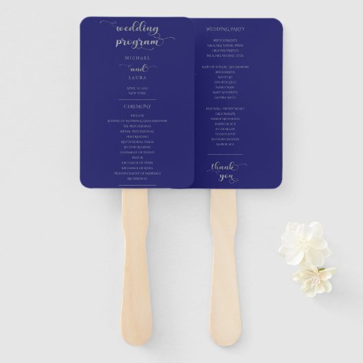 Elegant Navy Blue Silver Calligraphy Wedding Handwaaier (Voorkant en achterkant)